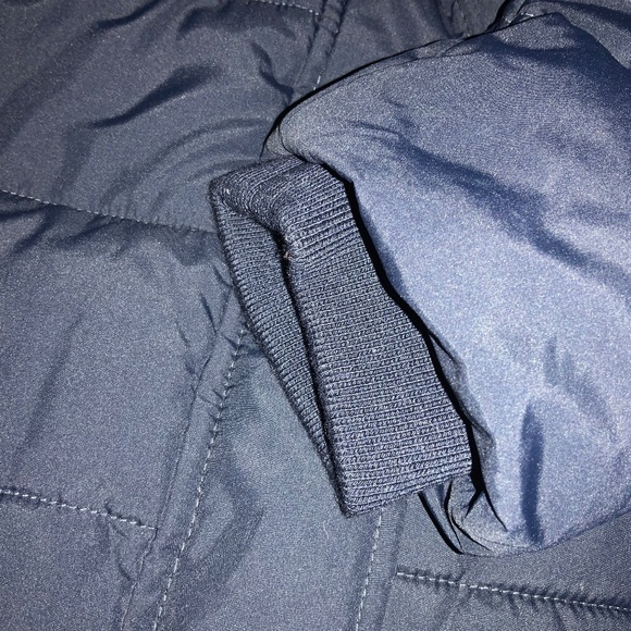 Abercrombie & Fitch navy blue puffer jacket Sz 11/12 faux fur trim hood zip snap - Picture 6 of 8